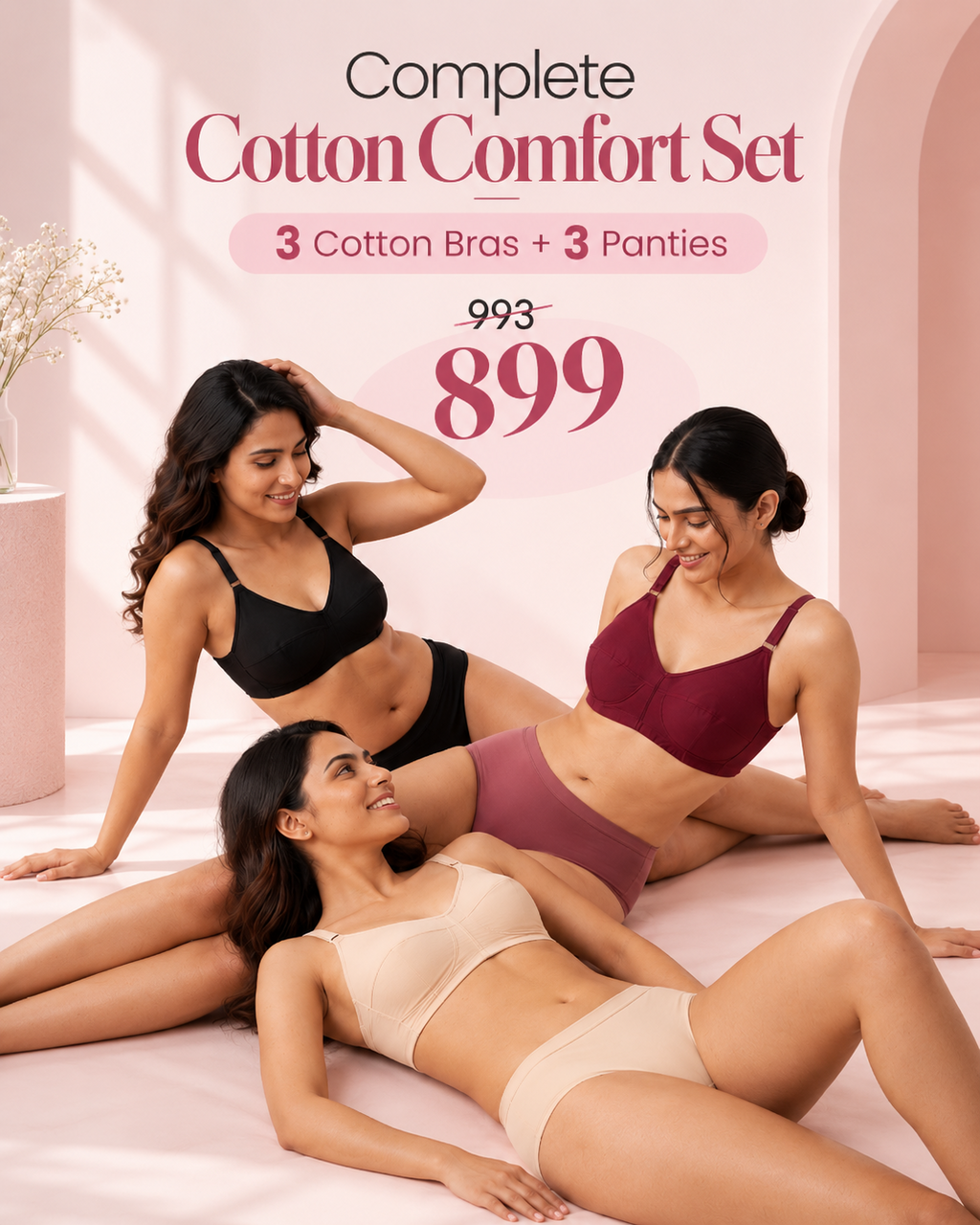 Complete Cotton Comfort Set (3 Cotton Bras + 3 Panties)